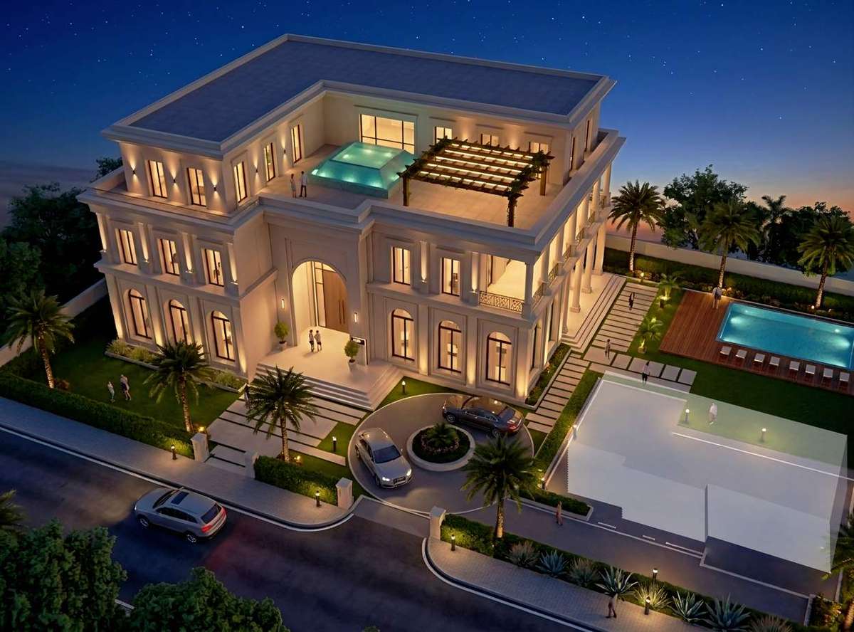 Front view of the villa with arched entrance