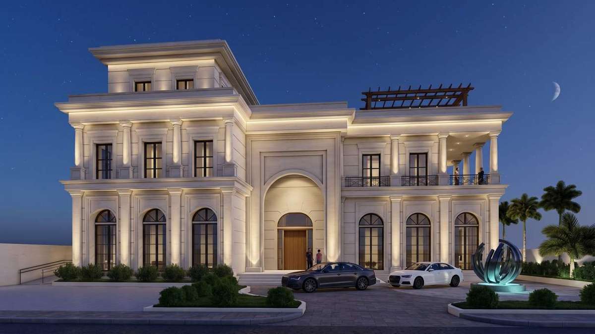 Corner view of the villa with columned loggia