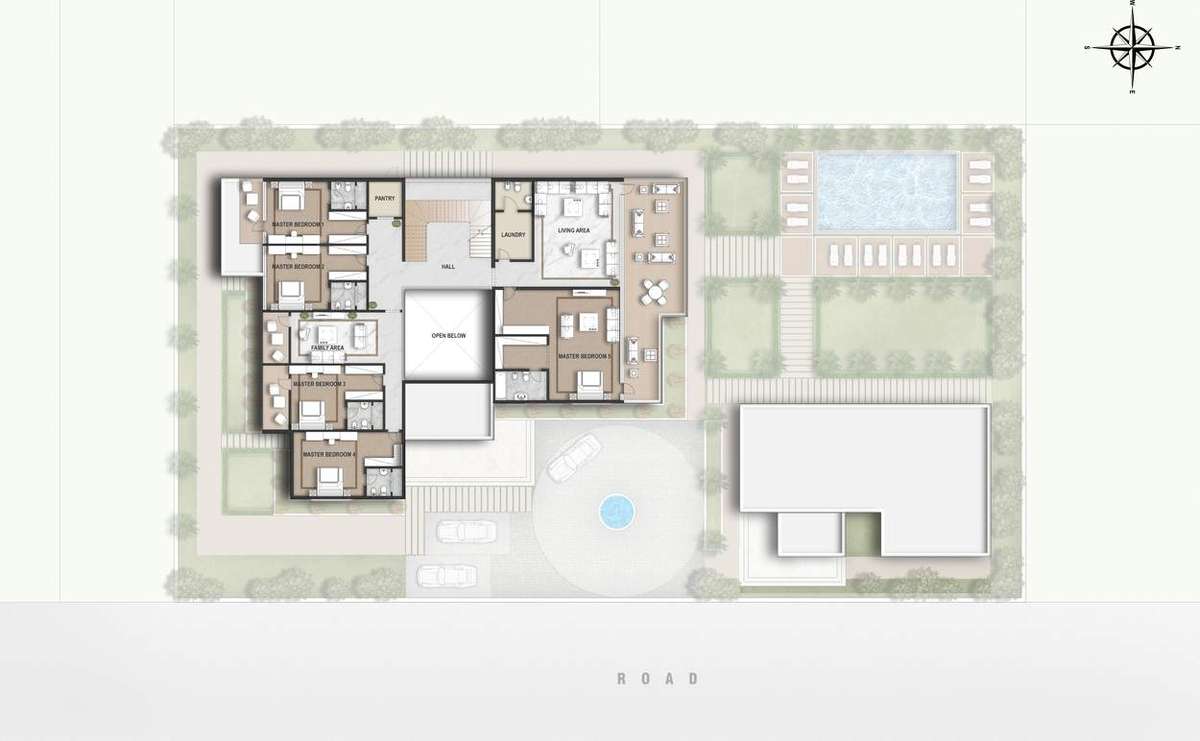 Aerial master plan of the private resort: six villas around a central fountain island