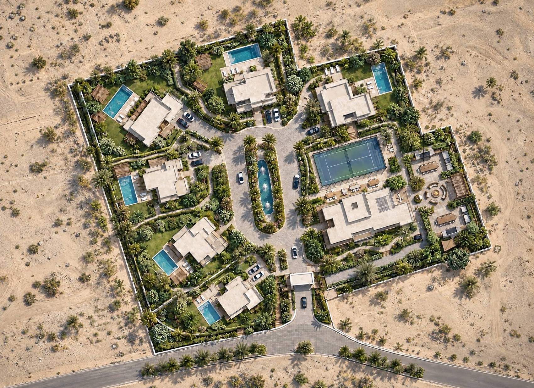 Program diagram: villas, pools, court, club, social area and landscape