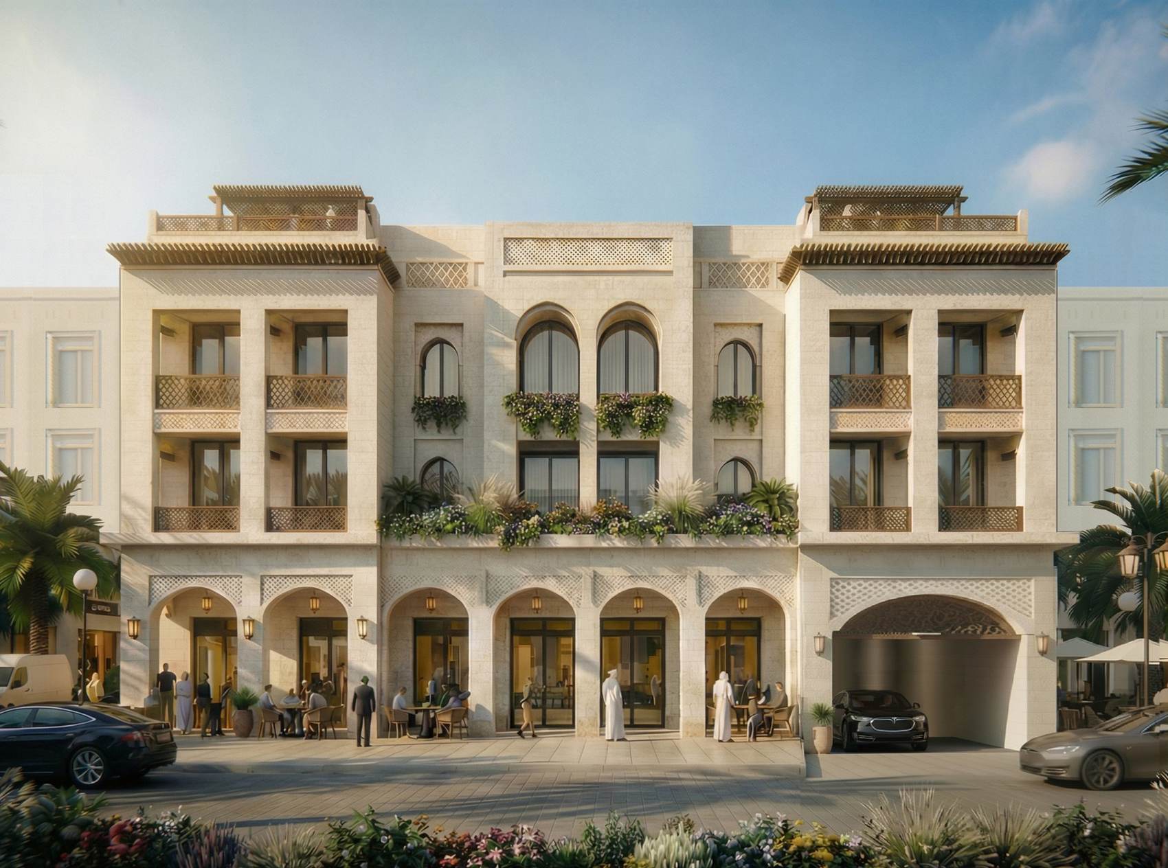 Close view of the arcade, planted band and balconies
