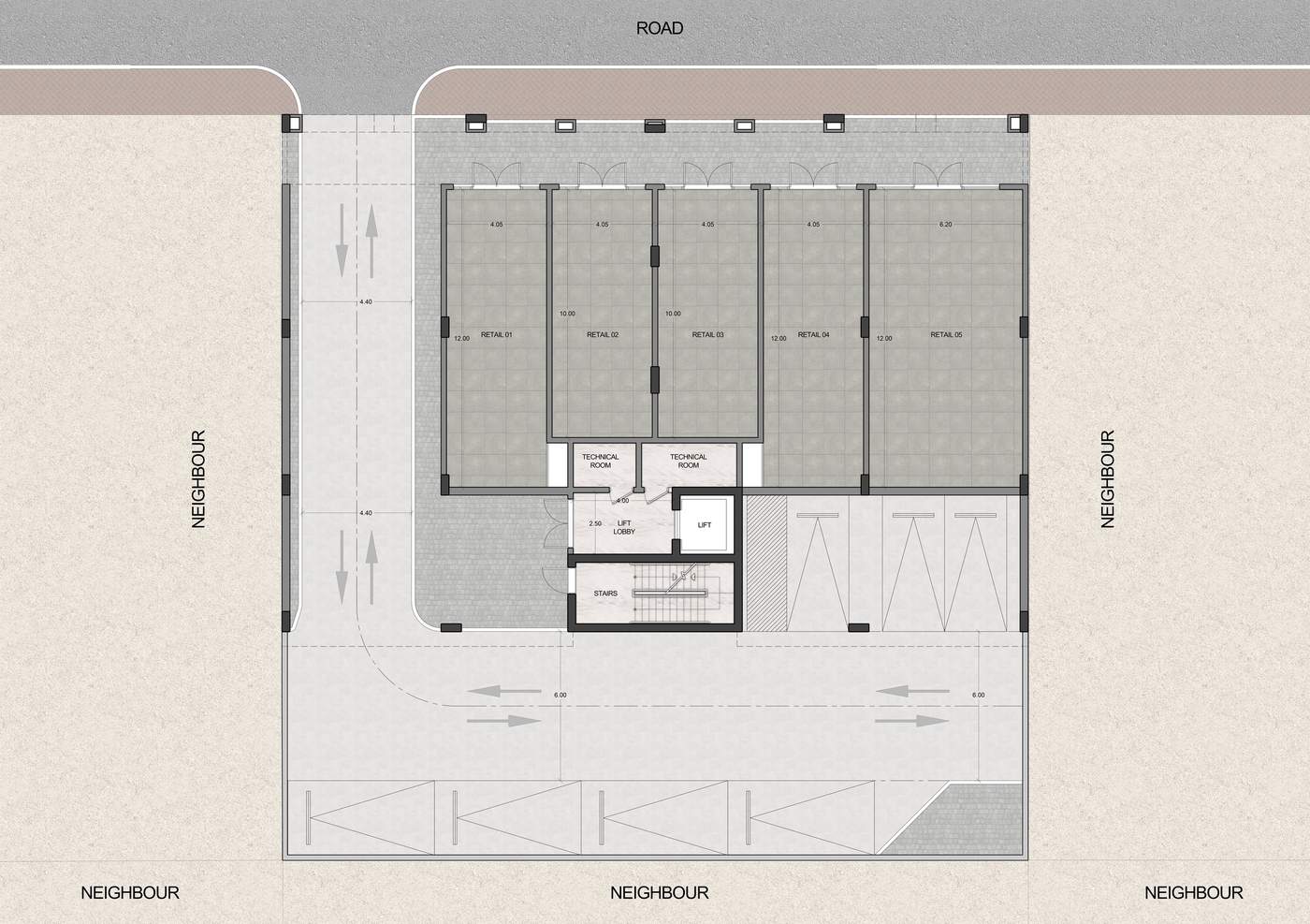 First and second floor plan with four apartments per floor