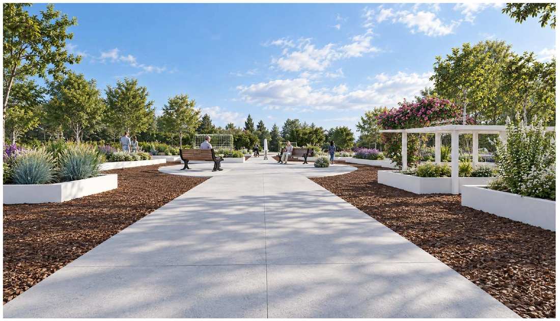 Raised flower beds along the trail
