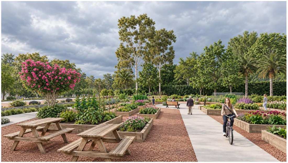 Trail with a market pergola and cyclist